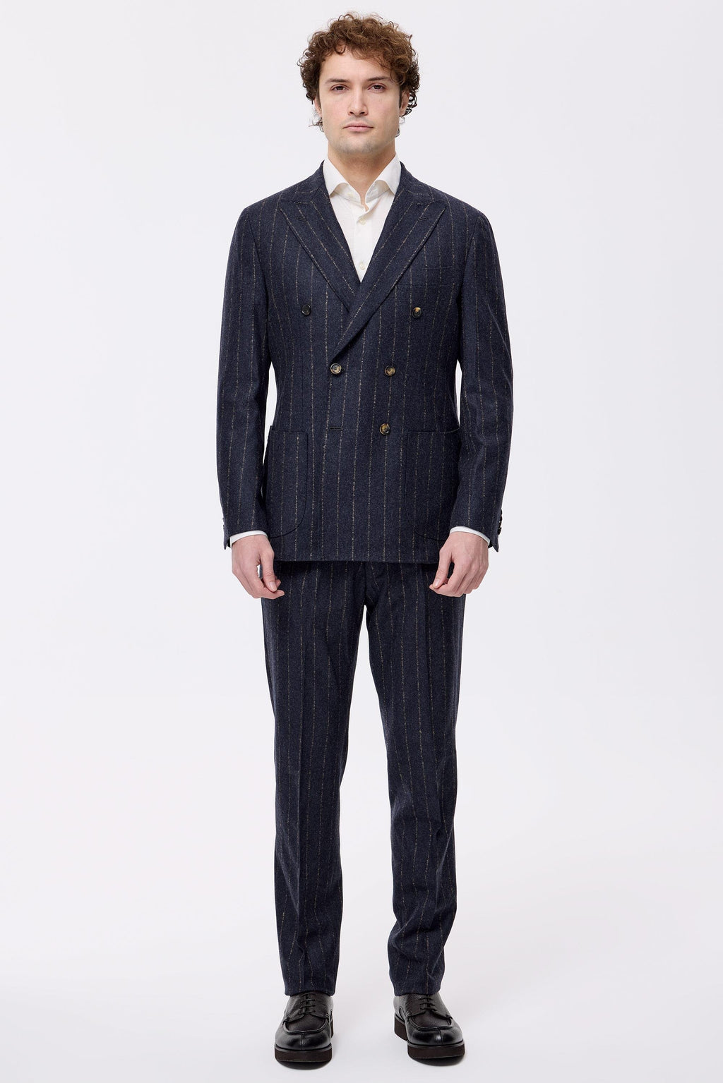 Antrasit Bej Çizgili Yün Kaşmir Kruvaze Takım Elbise - Image 2