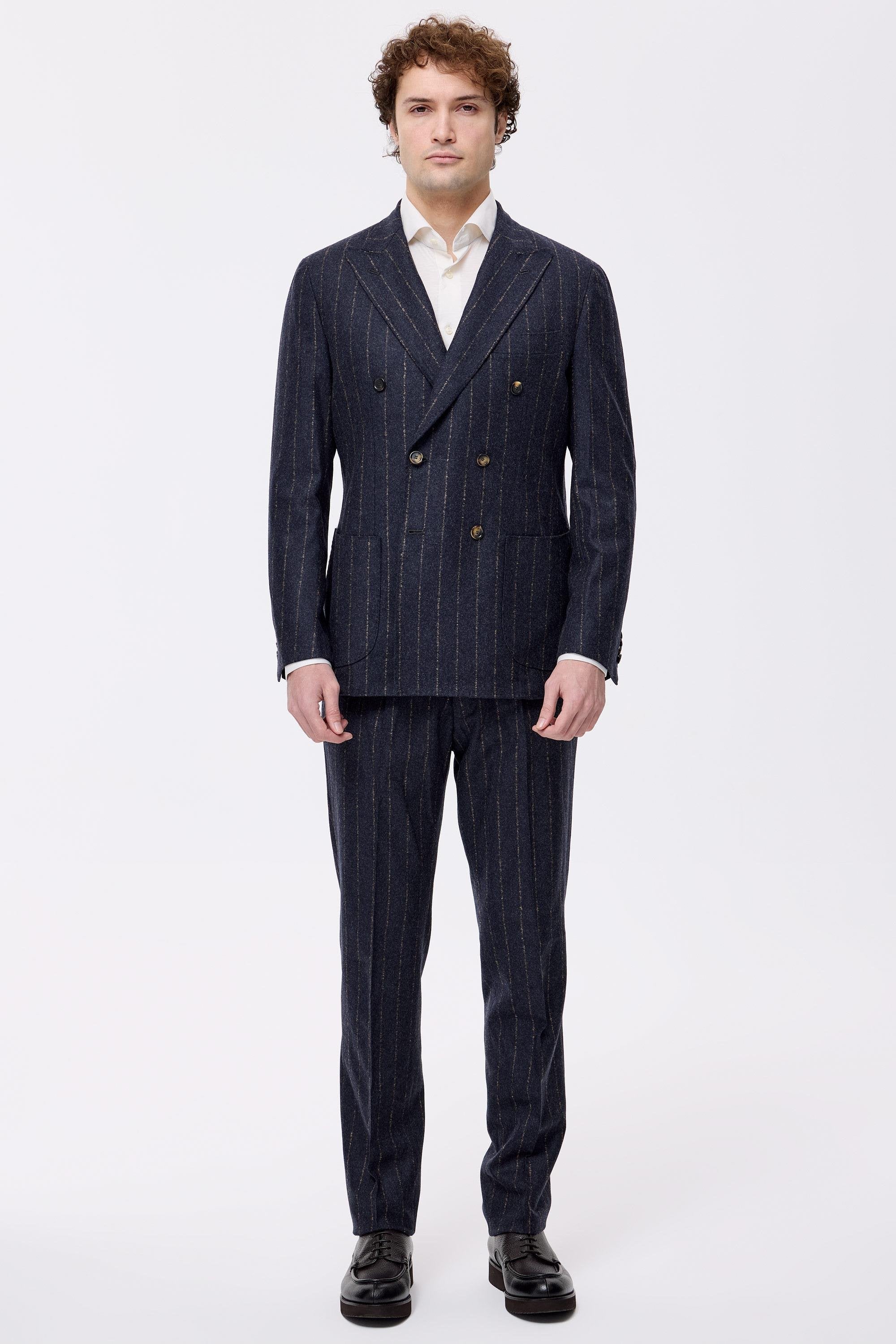 Antrasit Bej Çizgili Yün Kaşmir Kruvaze Takım Elbise - Image 2