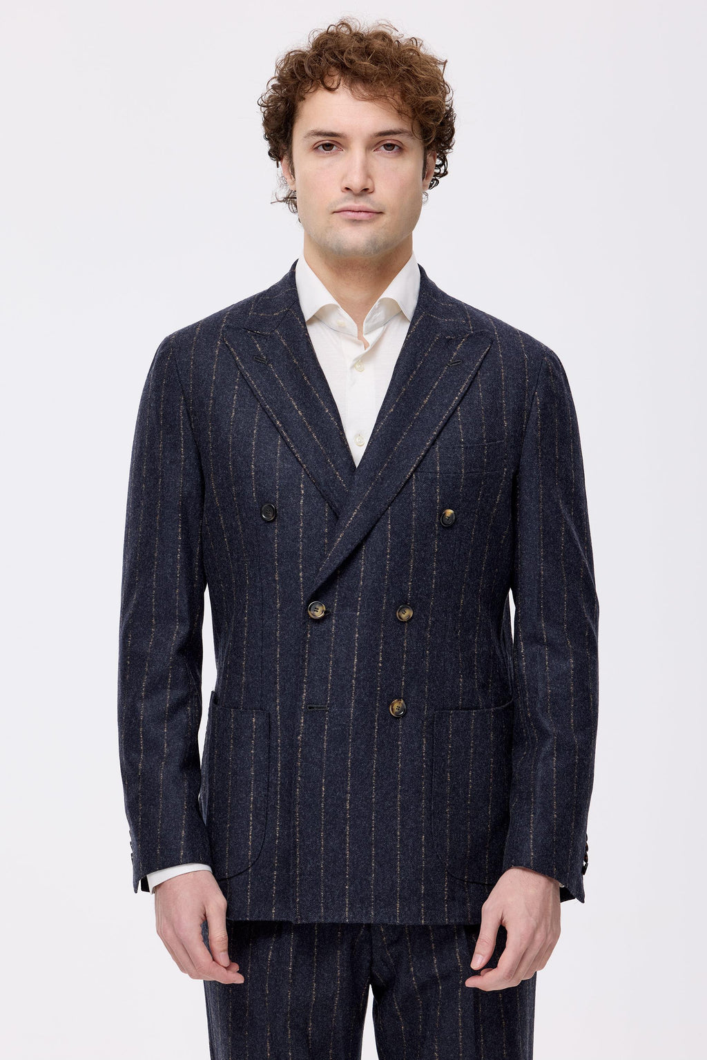 Antrasit Bej Çizgili Yün Kaşmir Kruvaze Takım Elbise - Image 3