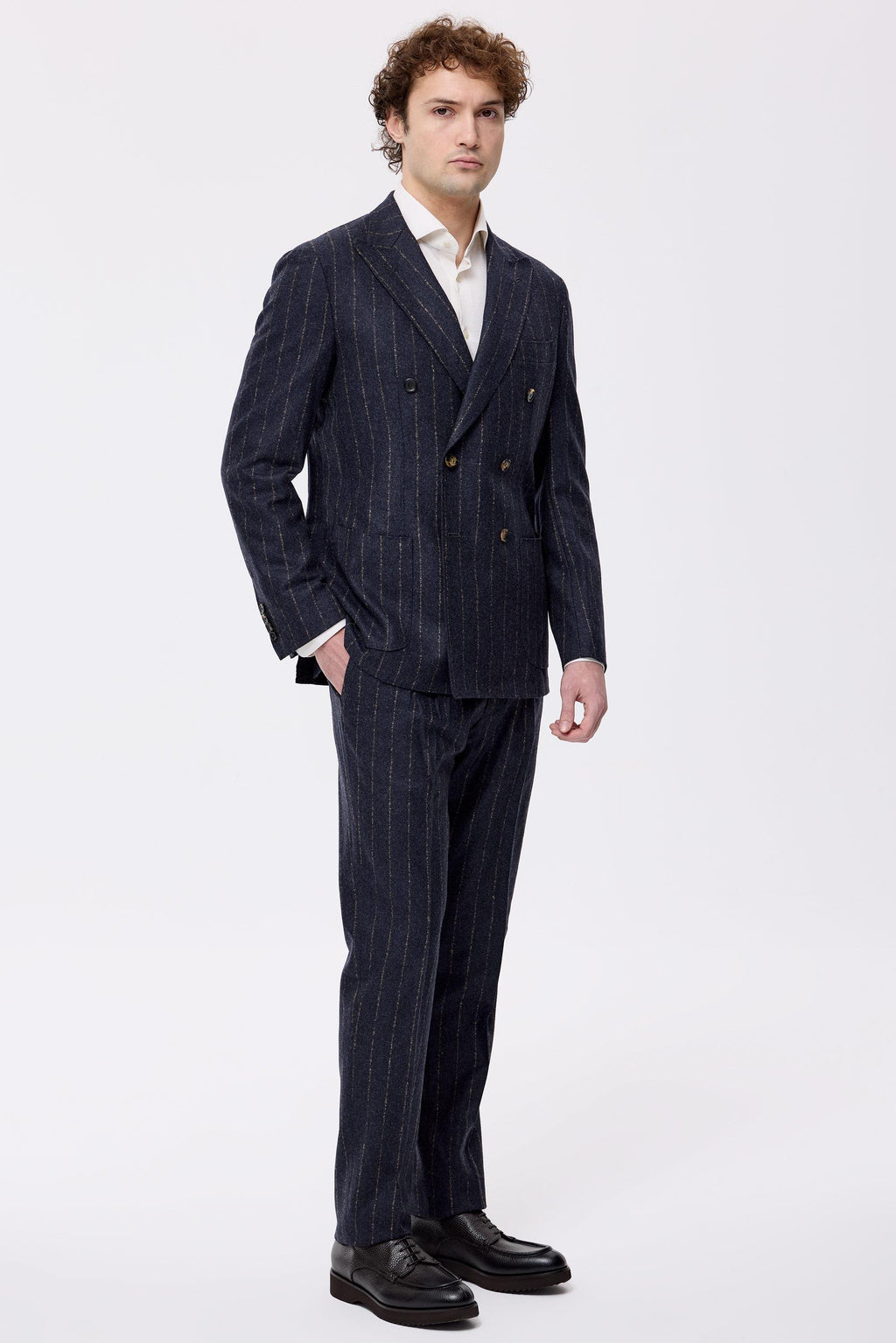 Antrasit Bej Çizgili Yün Kaşmir Kruvaze Takım Elbise - Image 1