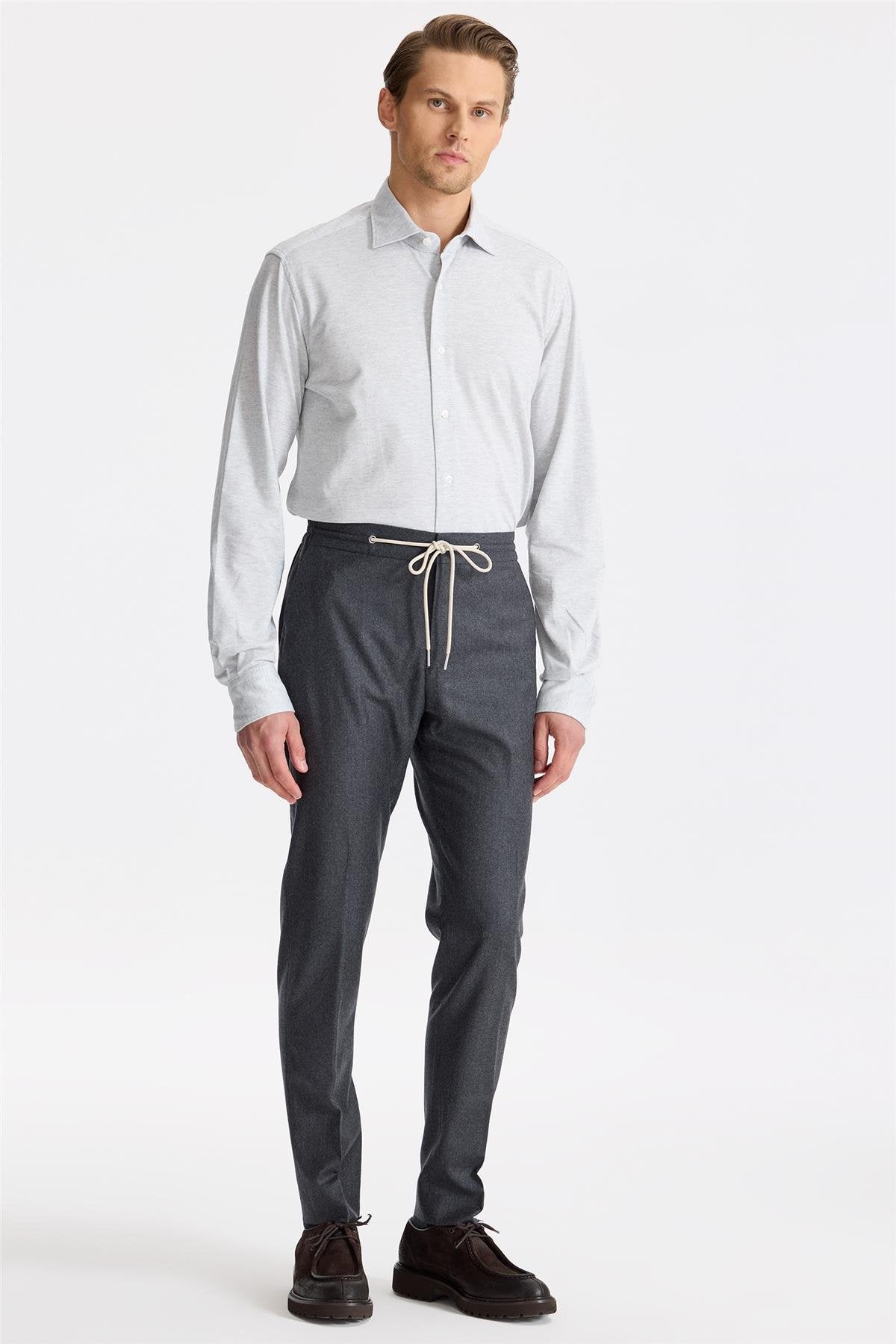 Antrasit Gri Beli Bağcıklı Yün Pantolon - Image 2