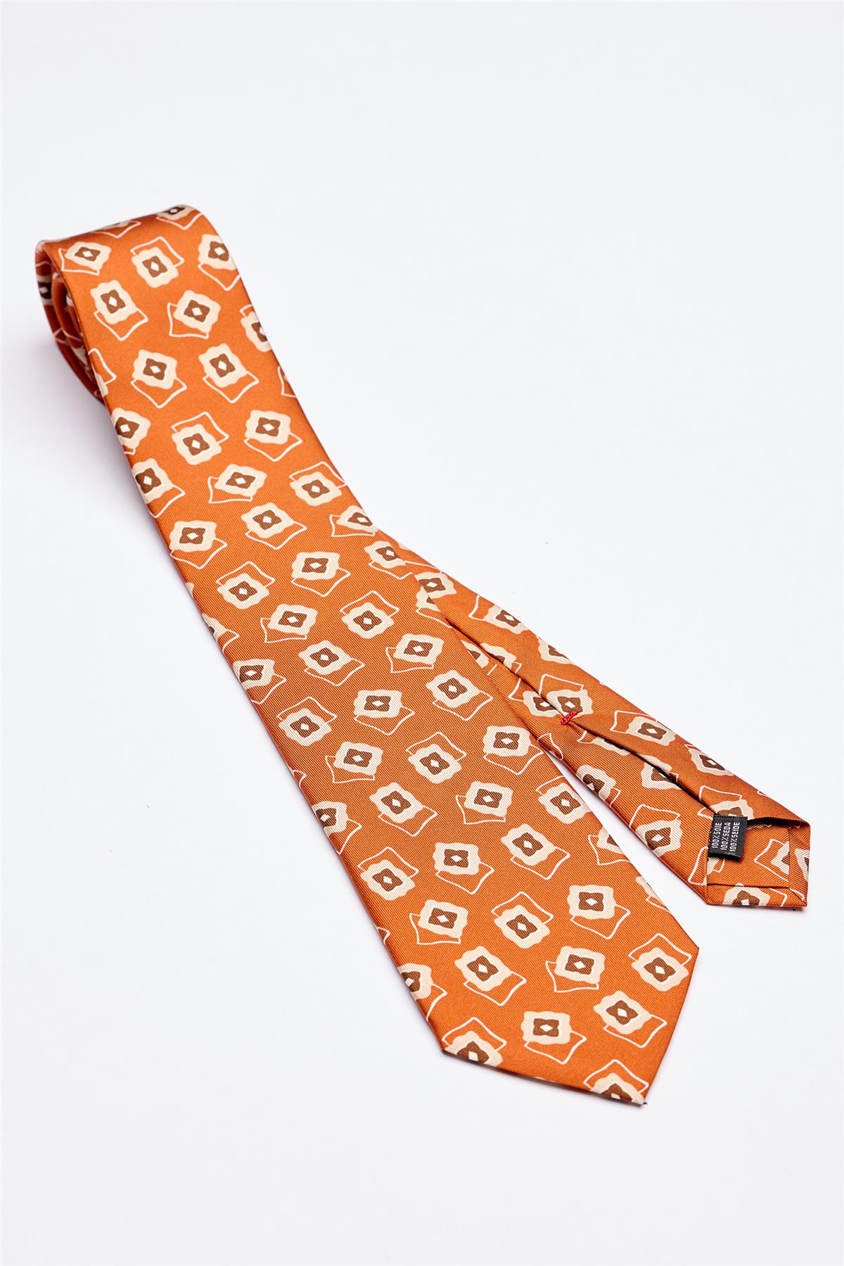 Bakır Kahve Desenli 7 Fold İpek Kravat - Image 1