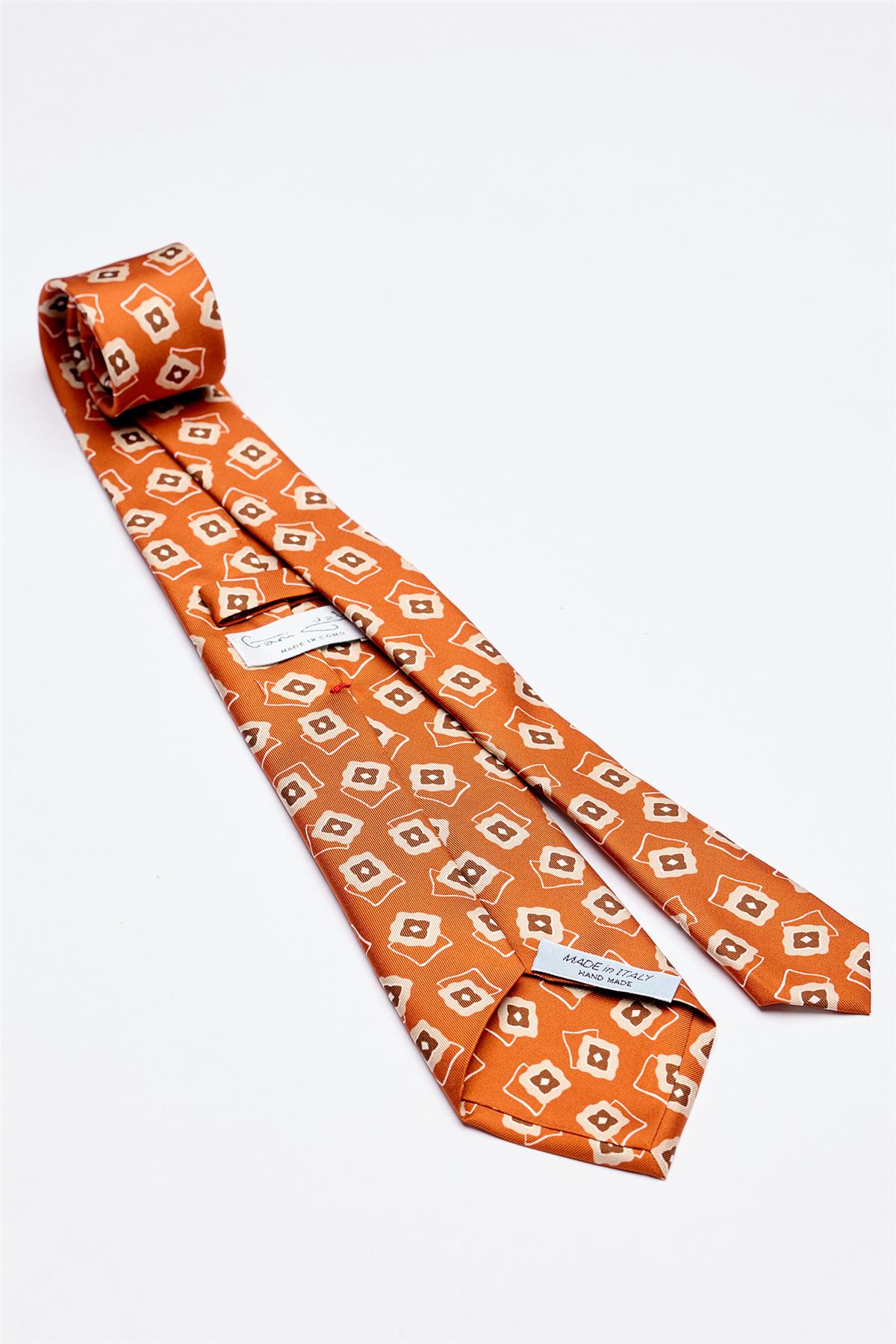 Bakır Kahve Desenli 7 Fold İpek Kravat - Image 2