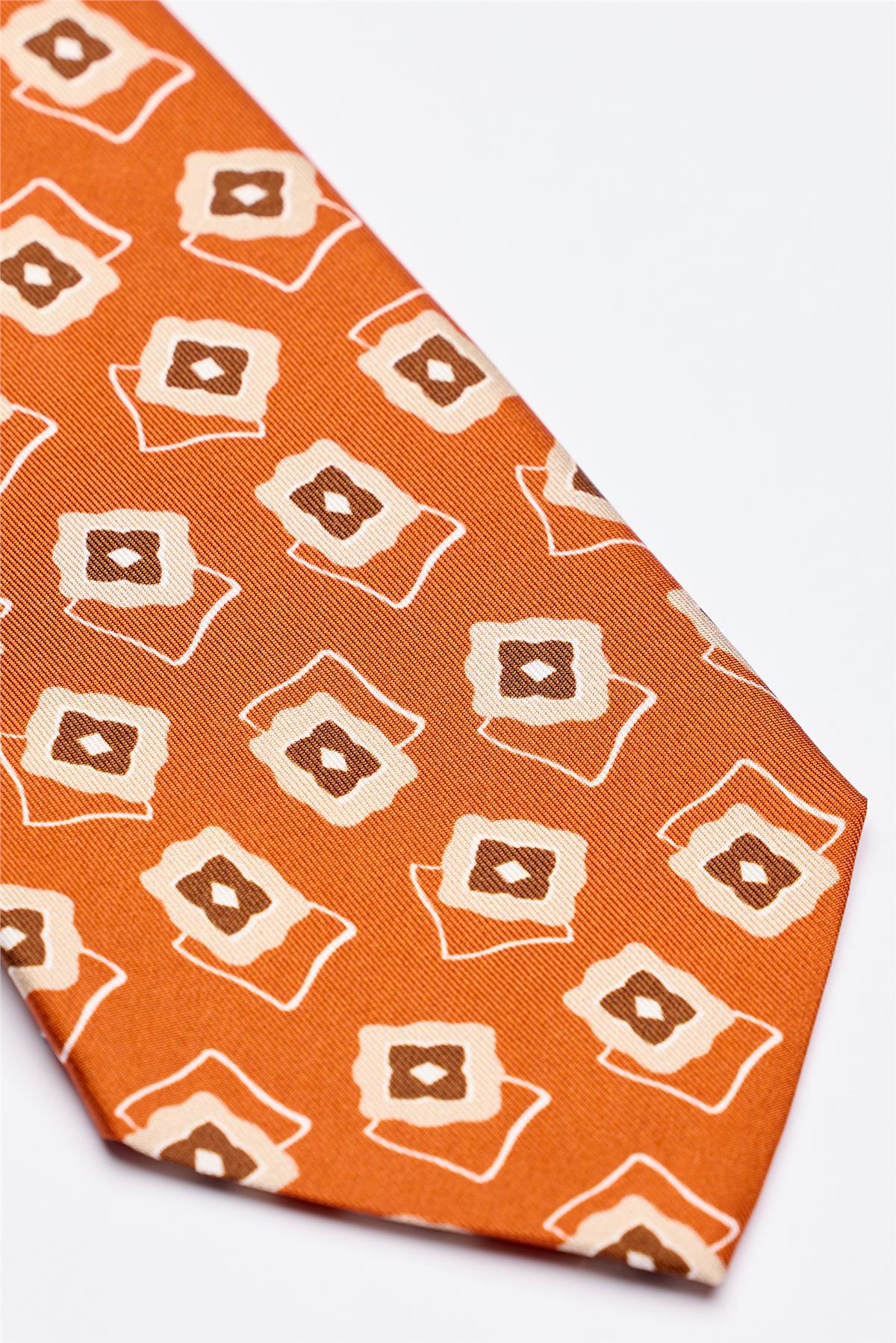 Bakır Kahve Desenli 7 Fold İpek Kravat - Image 3