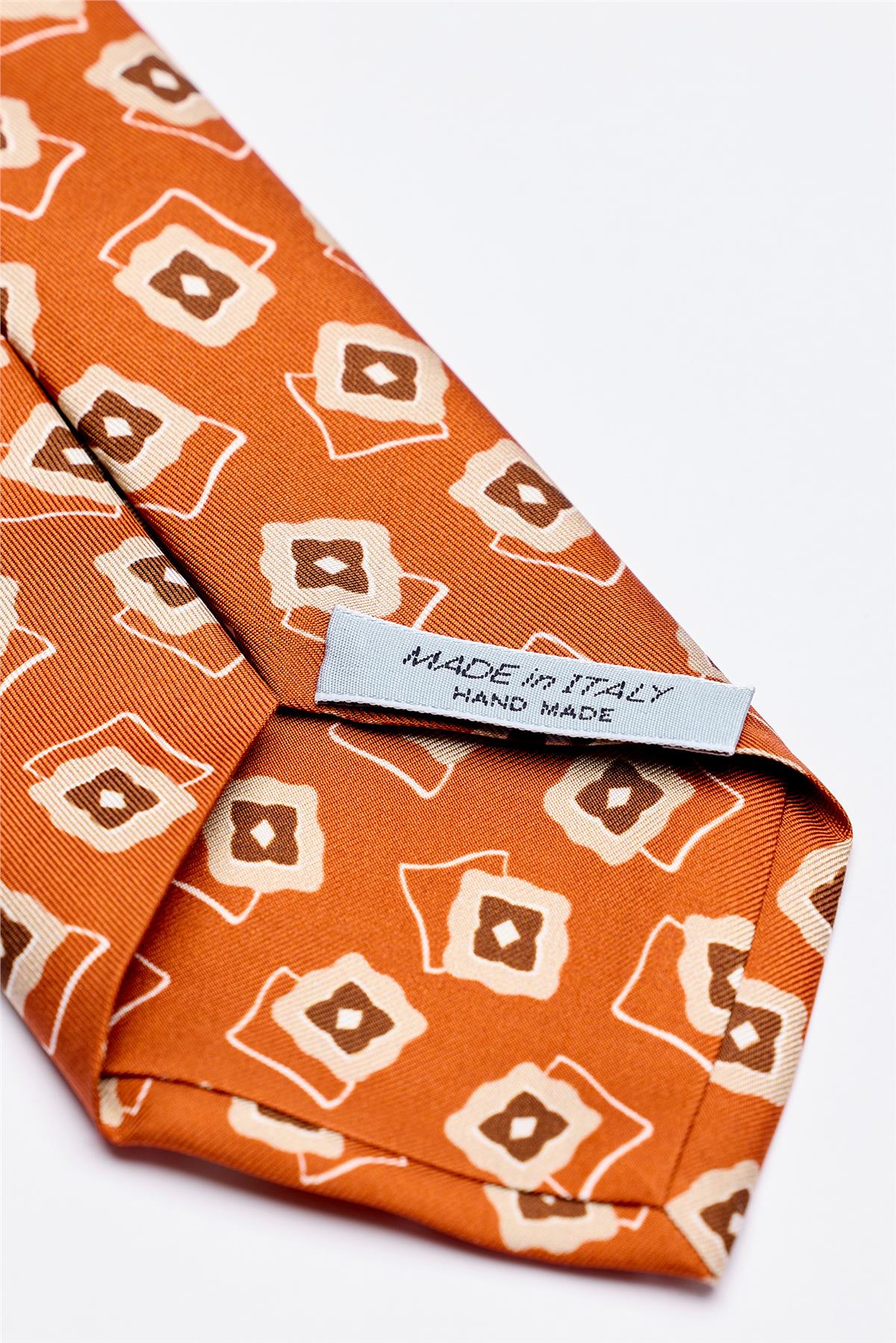 Bakır Kahve Desenli 7 Fold İpek Kravat - Image 4