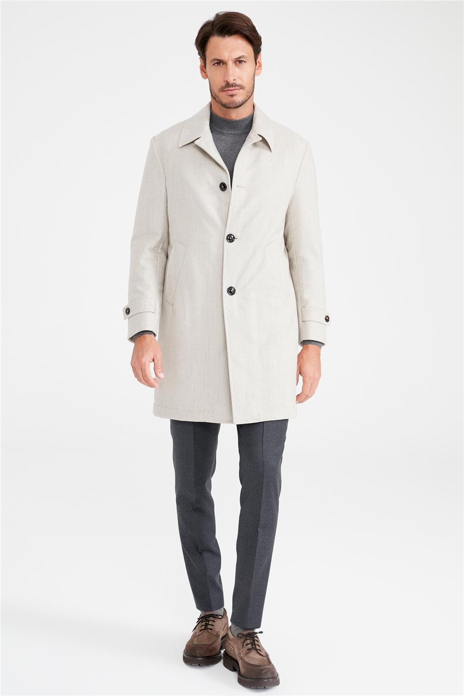 Bej Balık Sırtı Yün Palto - Image 2