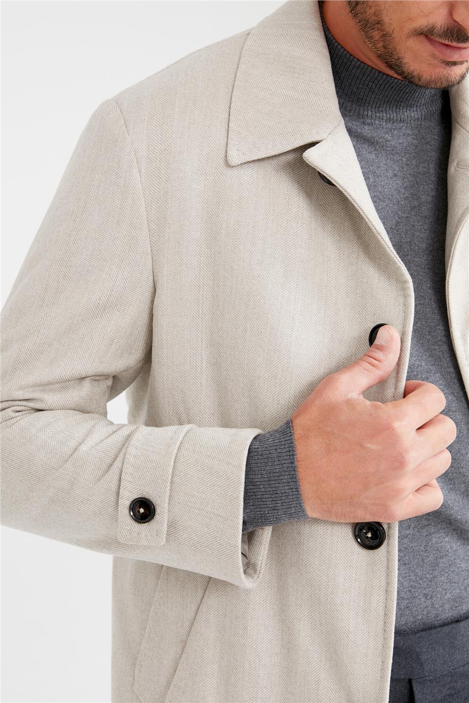 Bej Balık Sırtı Yün Palto - Image 4