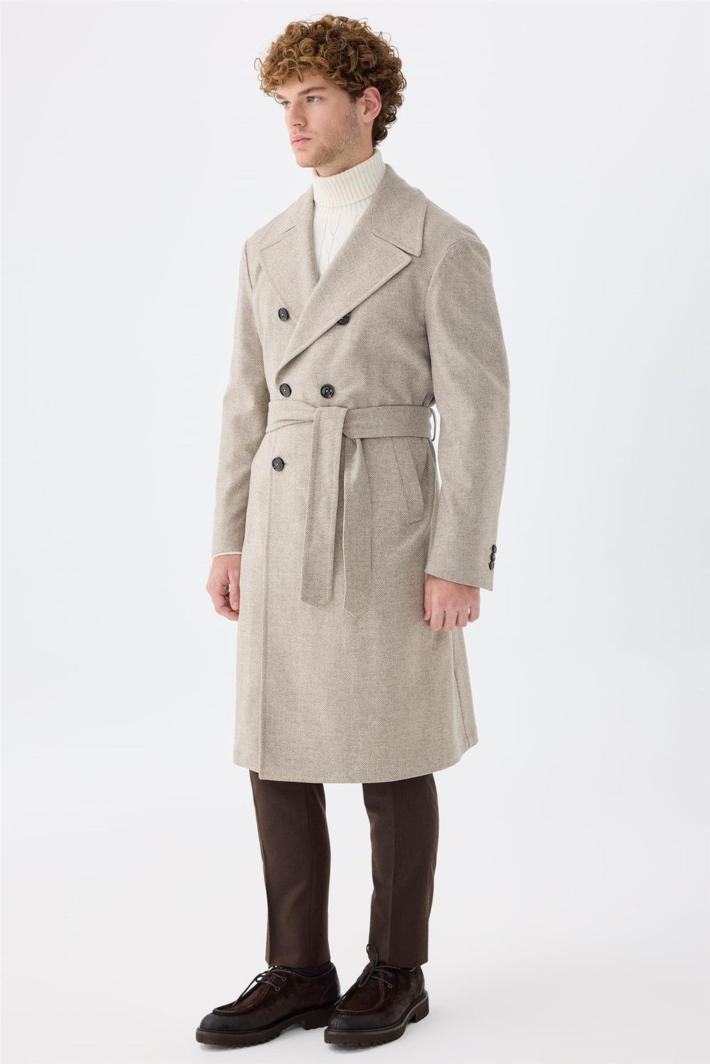 Bej Balıksırtı Kruvaze Yün Palto - Image 1