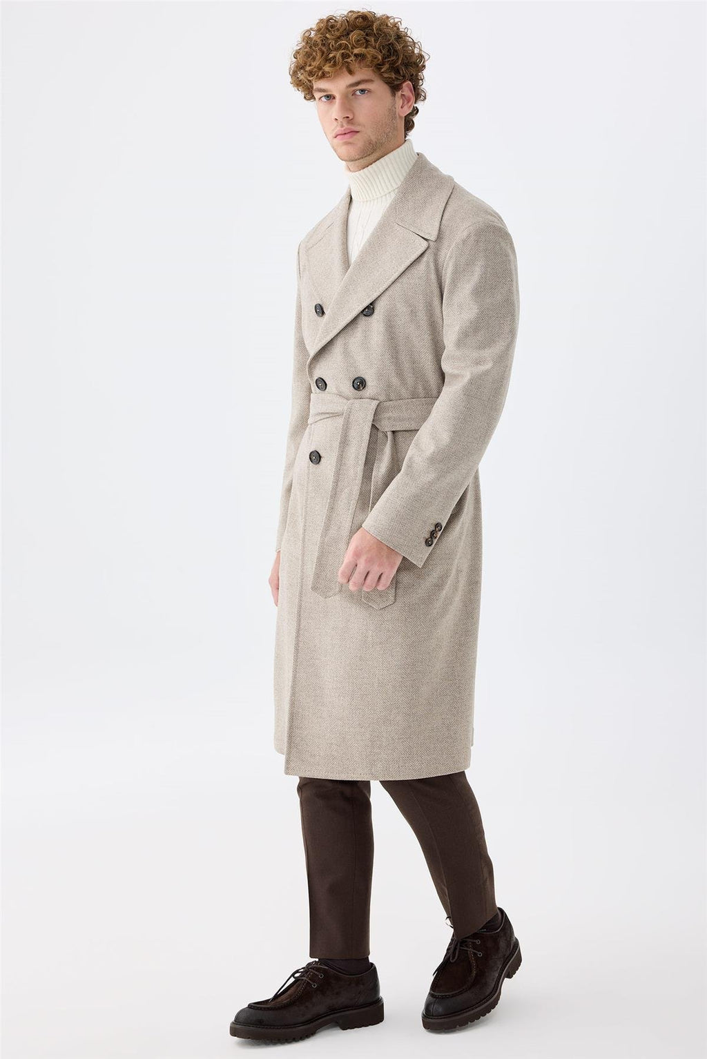 Bej Balıksırtı Kruvaze Yün Palto - Image 2