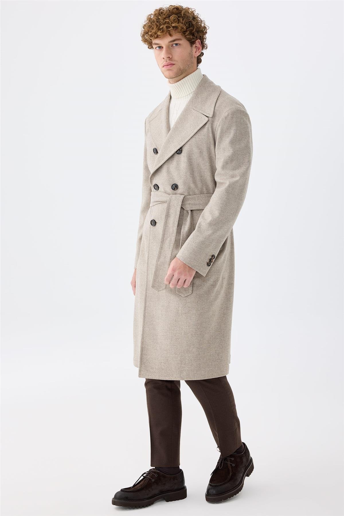 Bej Balıksırtı Kruvaze Yün Palto - Image 2