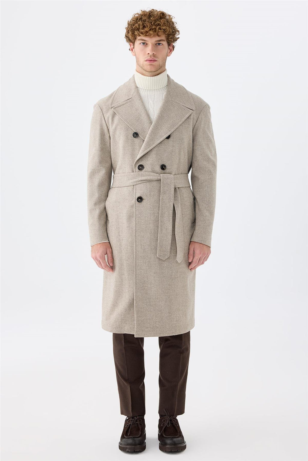 Bej Balıksırtı Kruvaze Yün Palto - Image 3