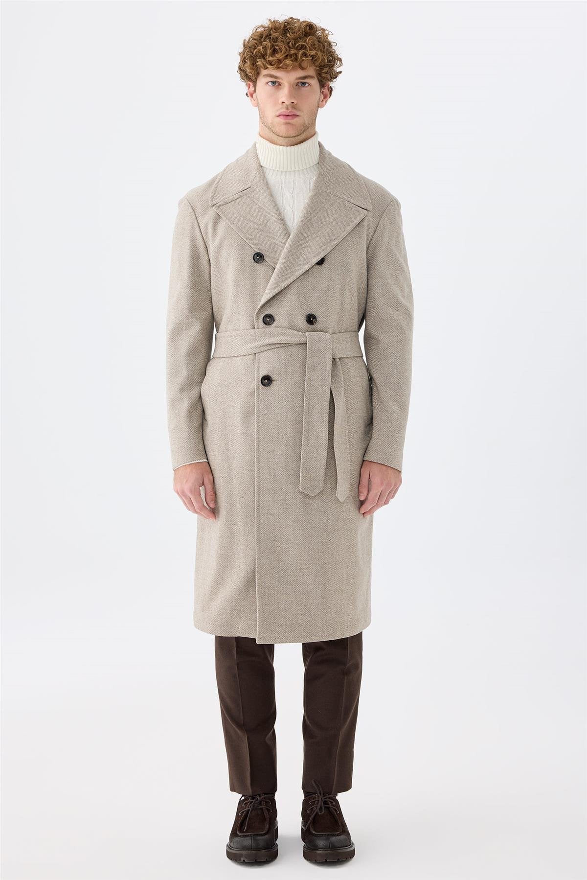 Bej Balıksırtı Kruvaze Yün Palto - Image 3