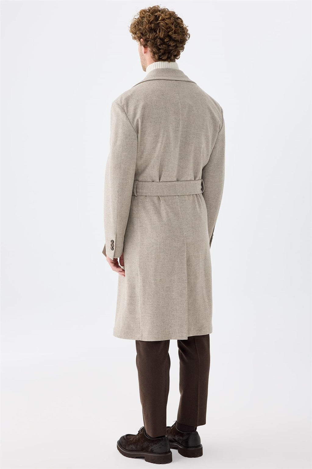 Bej Balıksırtı Kruvaze Yün Palto - Image 5