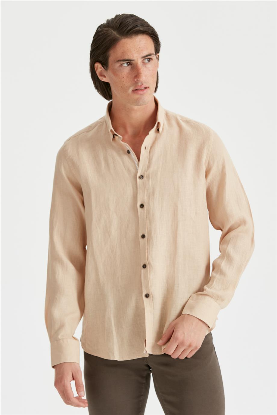 Bej Erkek Keten Gömlek - Image 4