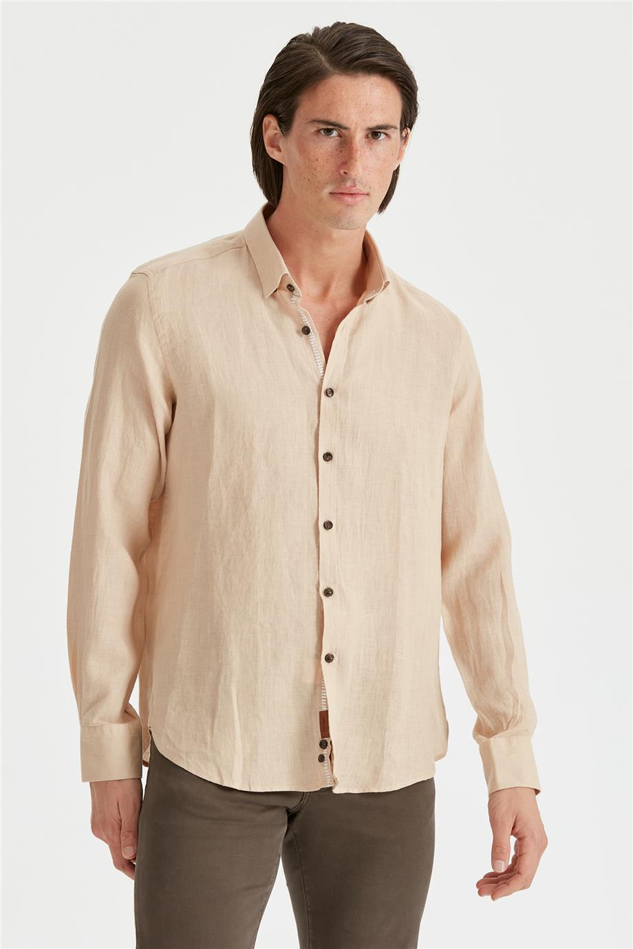 Bej Erkek Keten Gömlek - Image 5