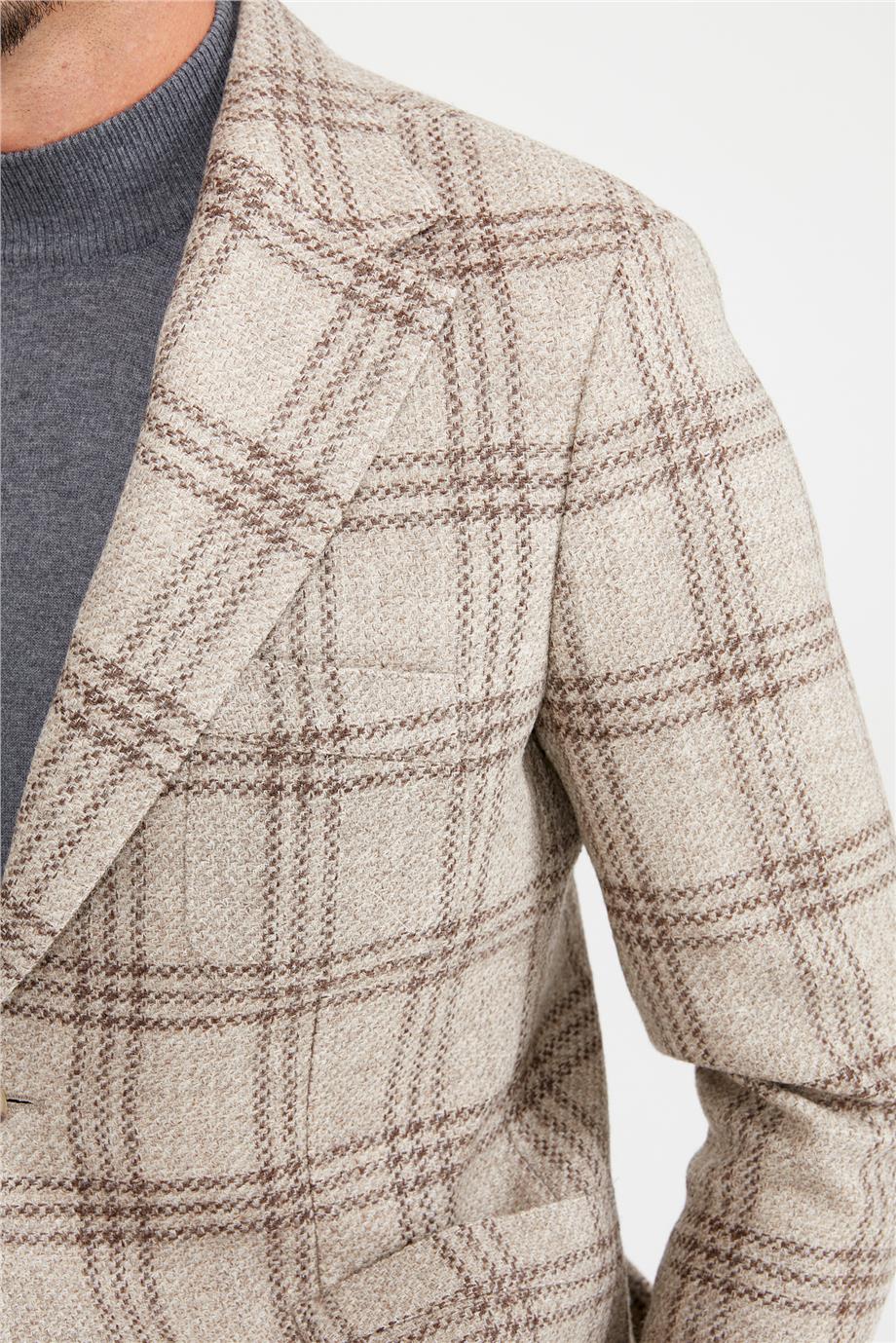 Bej Kareli Yün Ceket - Image 4