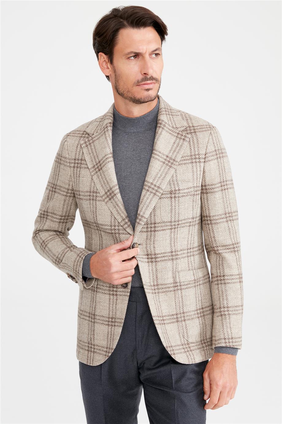 Bej Kareli Yün Ceket - Image 2