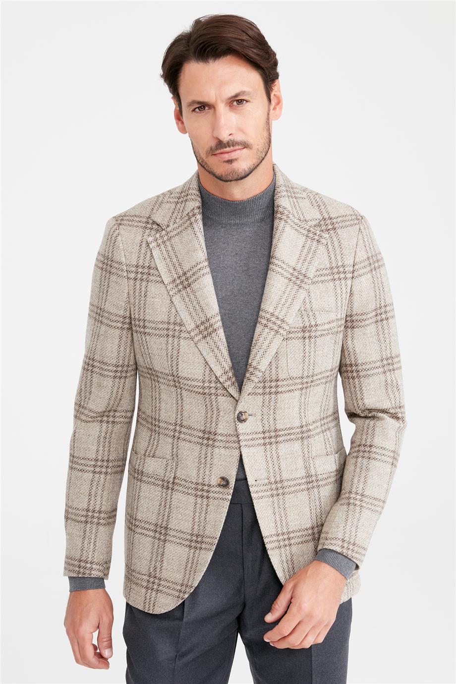 Bej Kareli Yün Ceket - Image 1