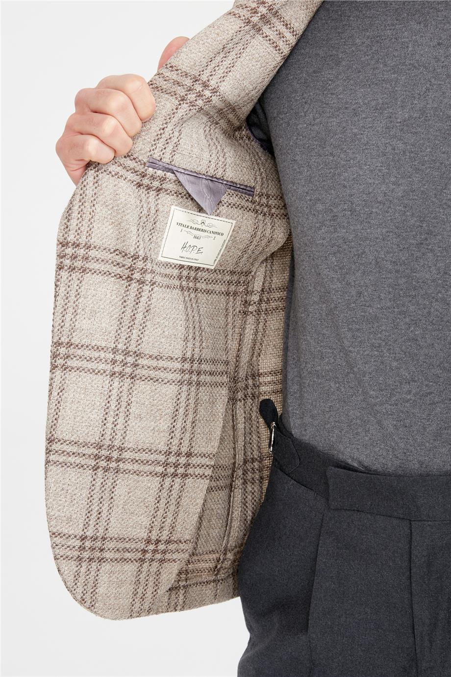 Bej Kareli Yün Ceket - Image 5