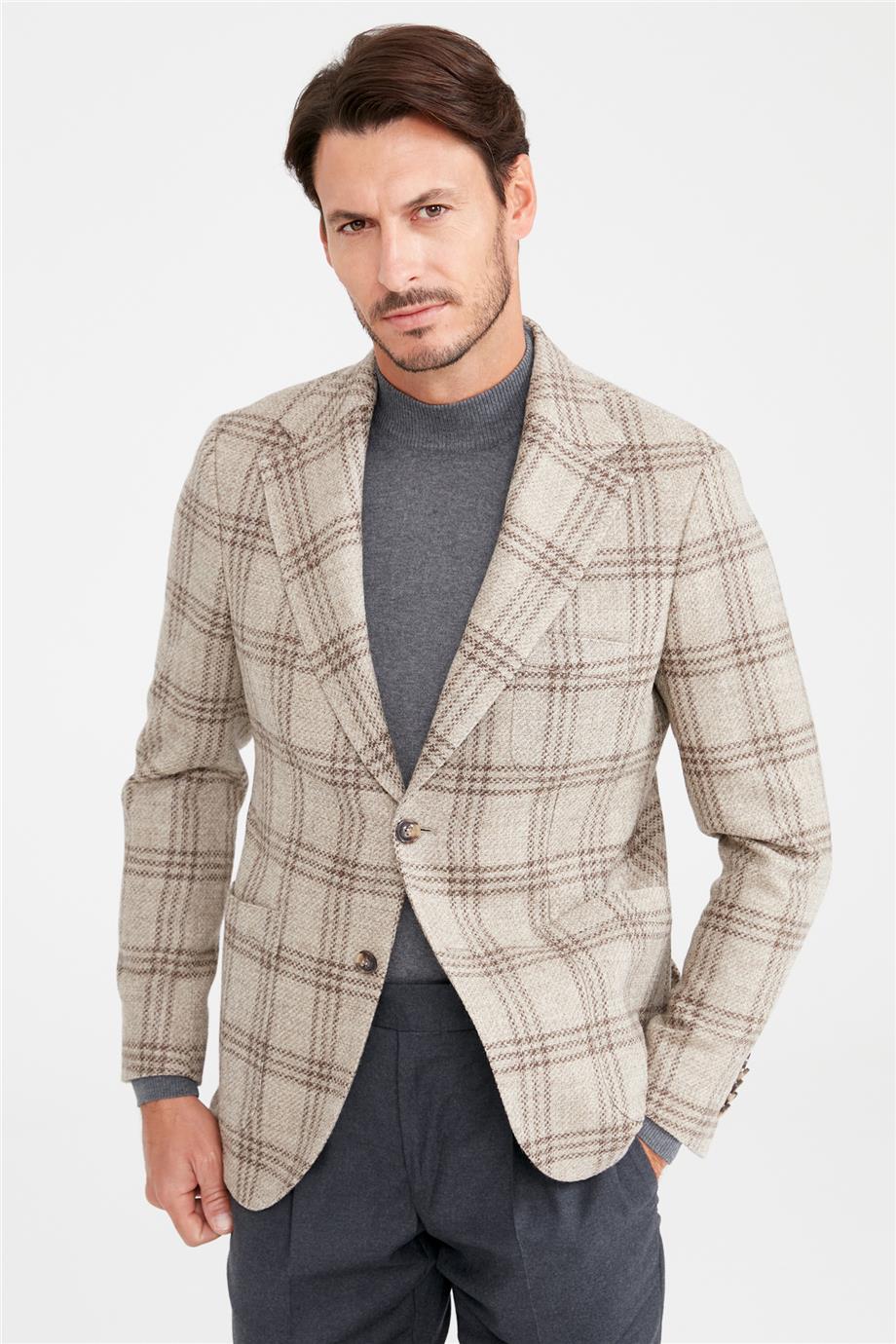 Bej Kareli Yün Ceket - Image 3