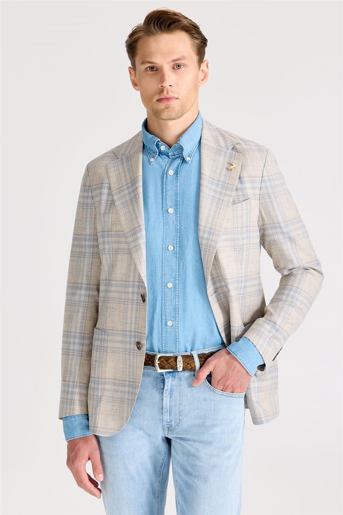 Bej Mavi Yün İpek Keten Ceket - Image 3