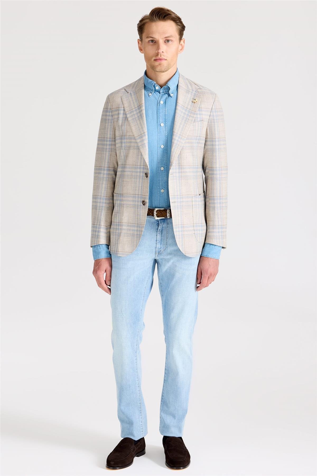 Bej Mavi Yün İpek Keten Ceket - Image 2