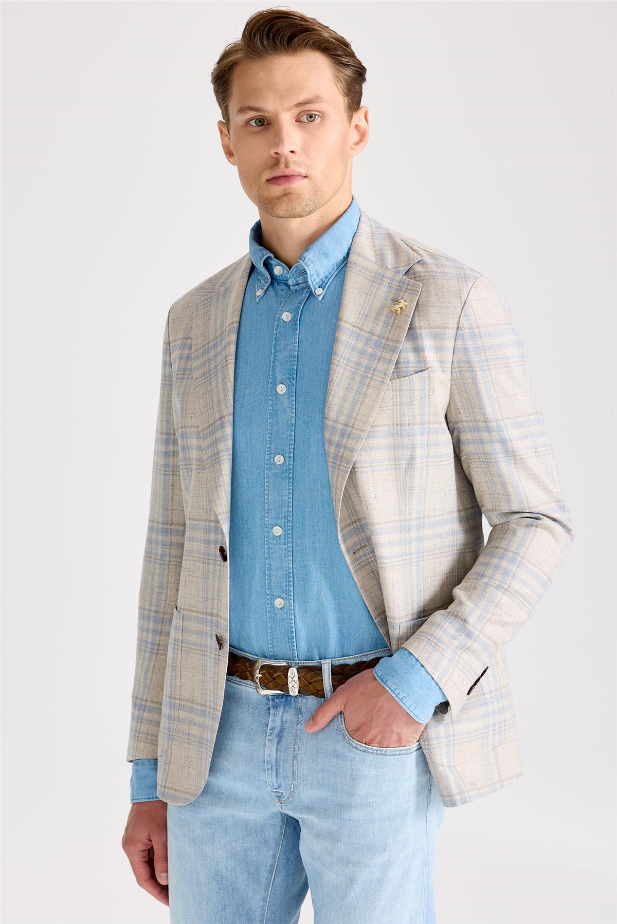 Bej Mavi Yün İpek Keten Ceket - Image 4