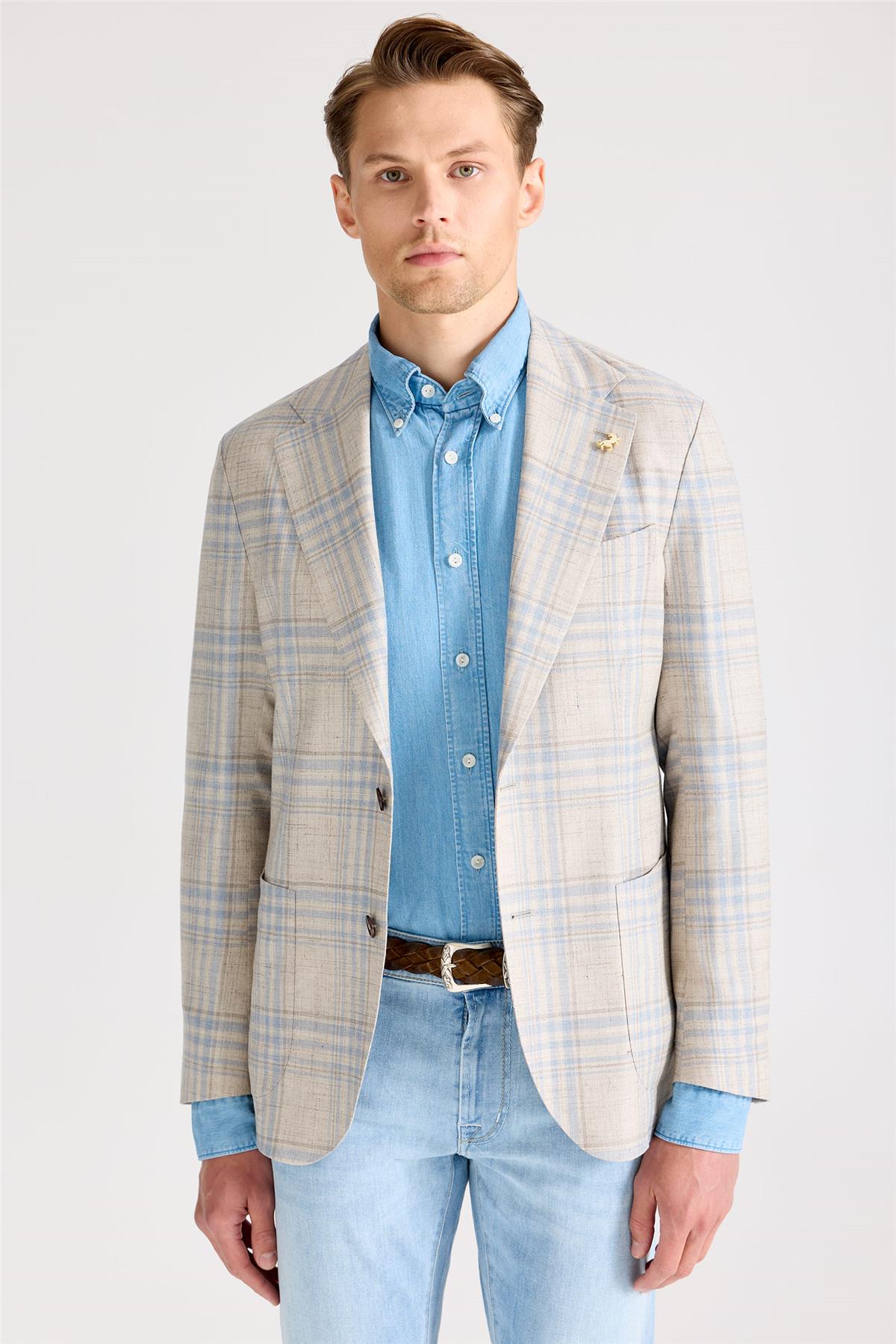 Bej Mavi Yün İpek Keten Ceket - Image 5