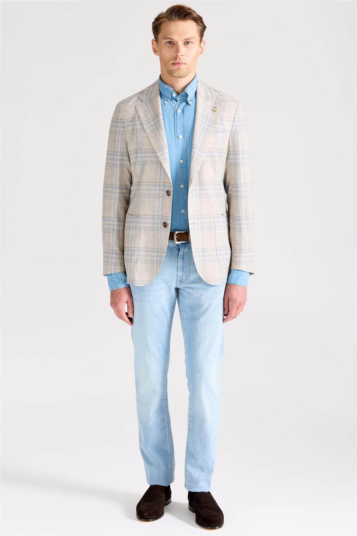 Bej Mavi Yün İpek Keten Ceket - Image 1