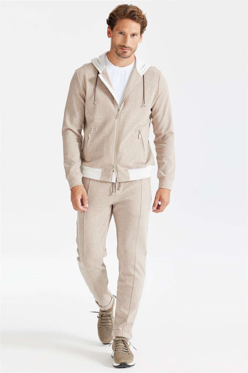 Bej Pamuk Kapüşonlu Eşofman Takımı - Image 1