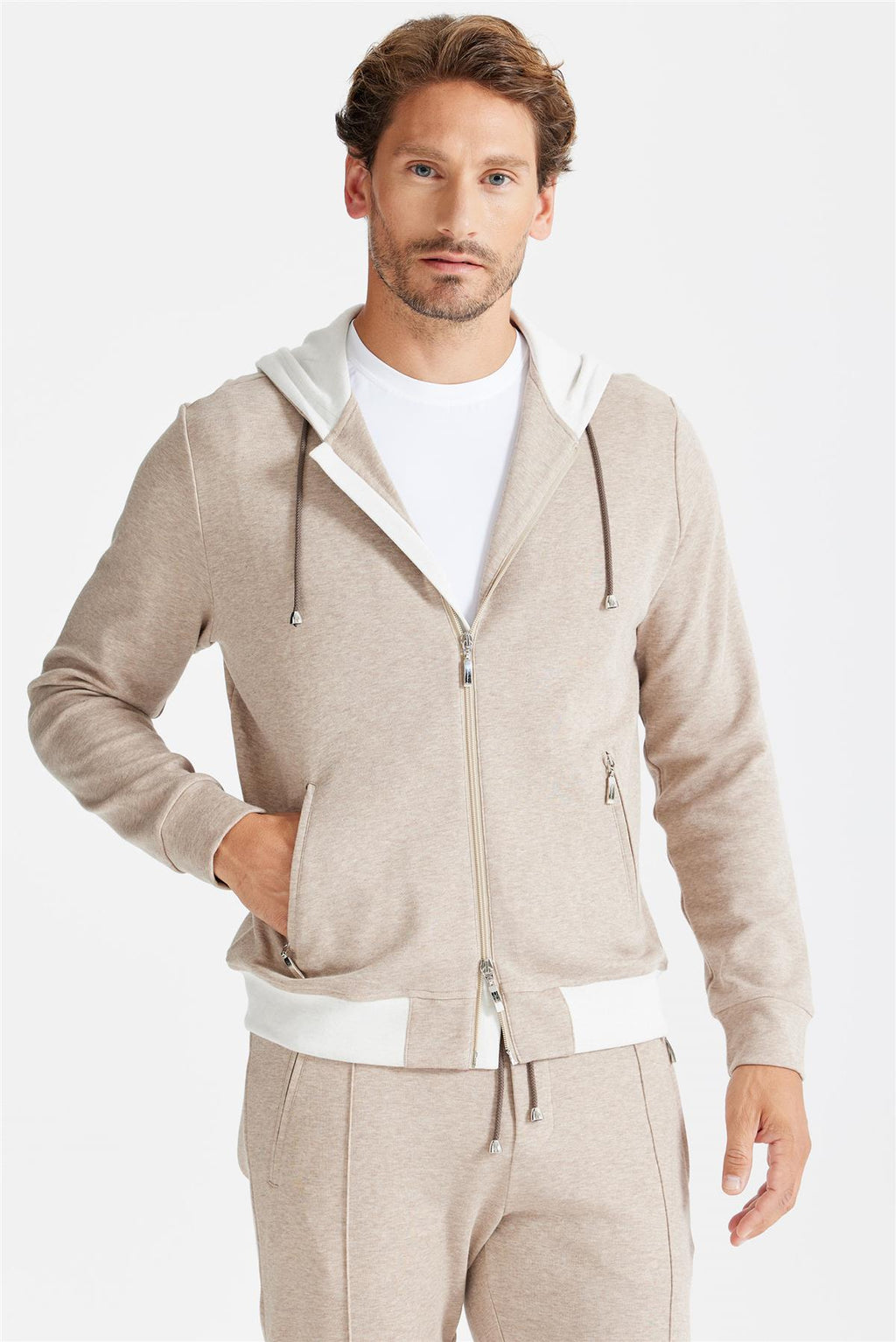 Bej Pamuk Kapüşonlu Eşofman Takımı - Image 3