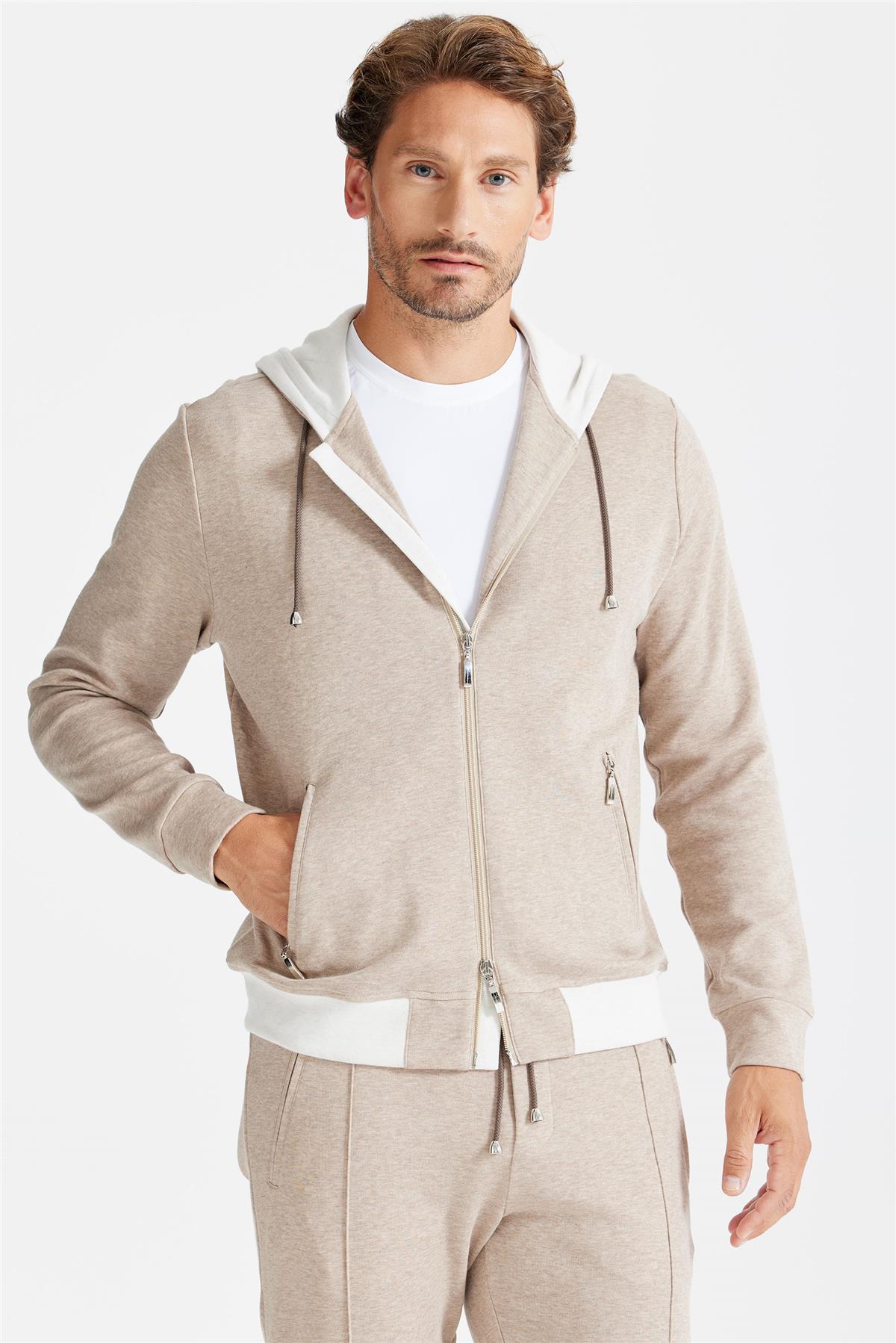 Bej Pamuk Kapüşonlu Eşofman Takımı - Image 3