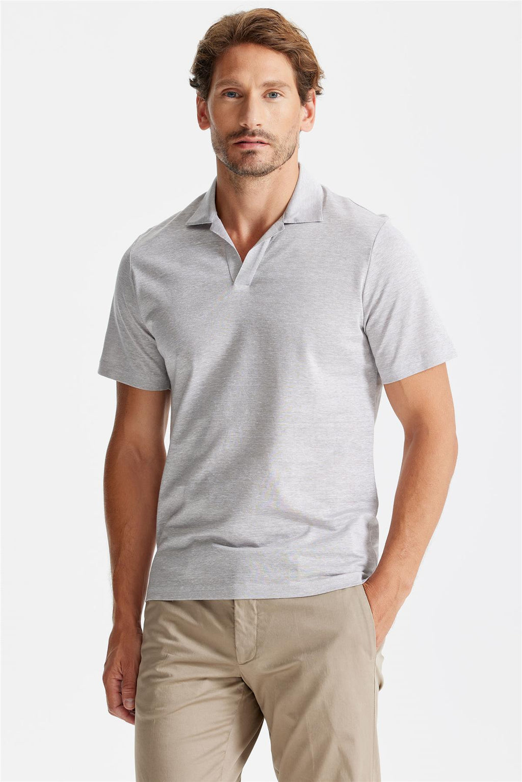 Bej Pamuk Keten Polo Yaka T-Shirt - Image 2