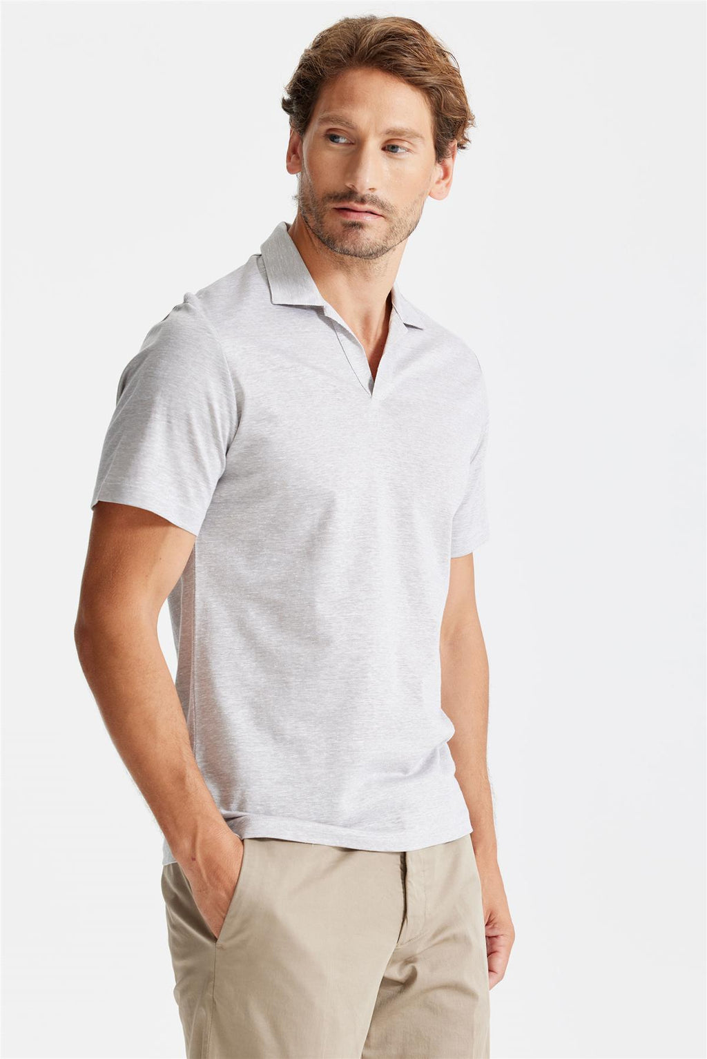 Bej Pamuk Keten Polo Yaka T-Shirt - Image 3