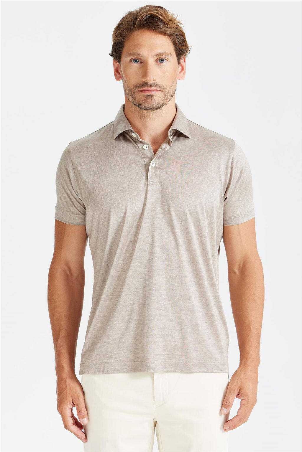 Bej Polo Yaka İpek T-Shirt - 3