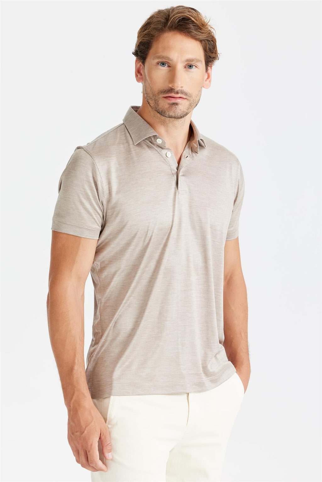 Bej Polo Yaka İpek T-Shirt - 4