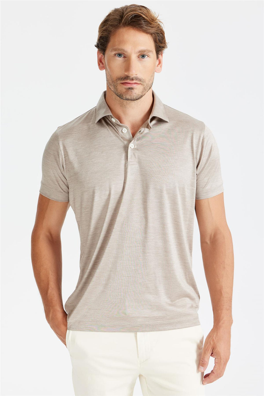 Bej Polo Yaka İpek T-Shirt - 2