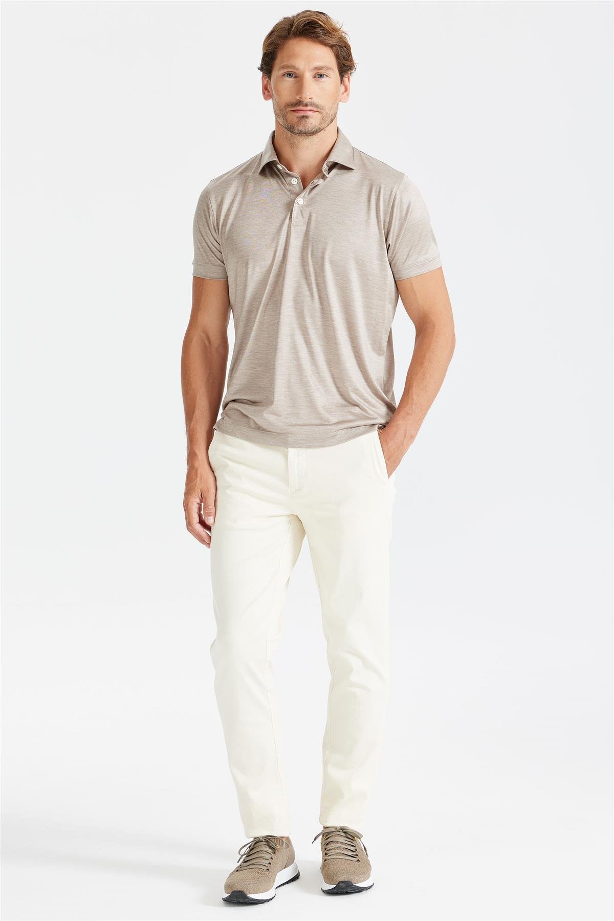 Bej Polo Yaka İpek T-Shirt