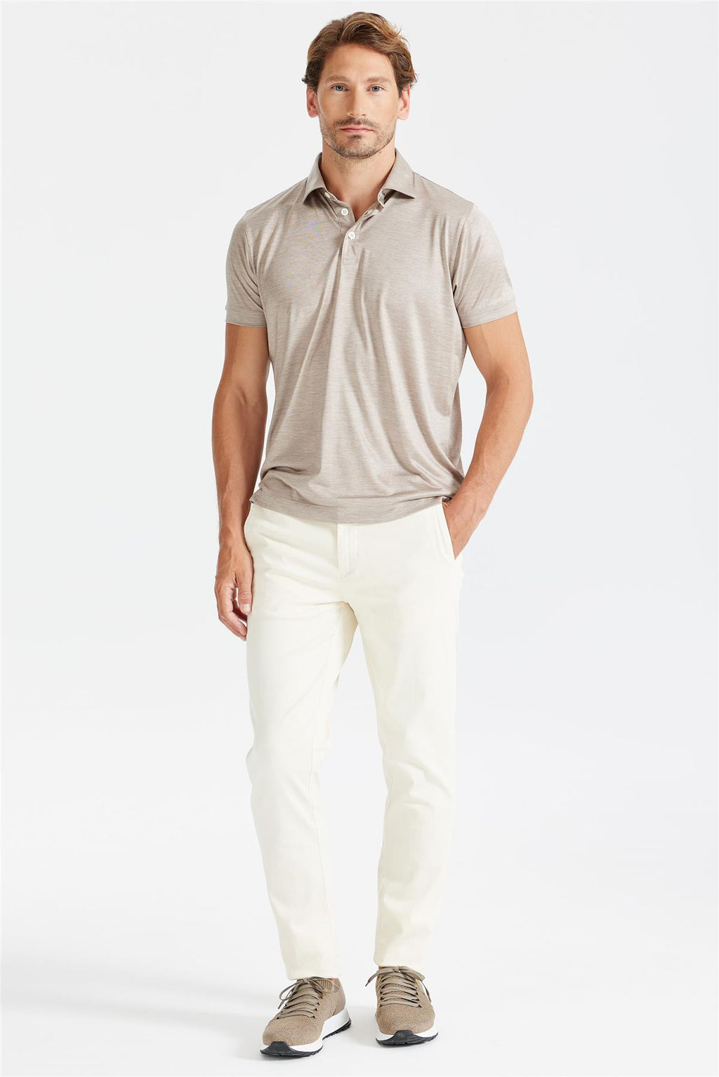 Bej Polo Yaka İpek T-Shirt - 1