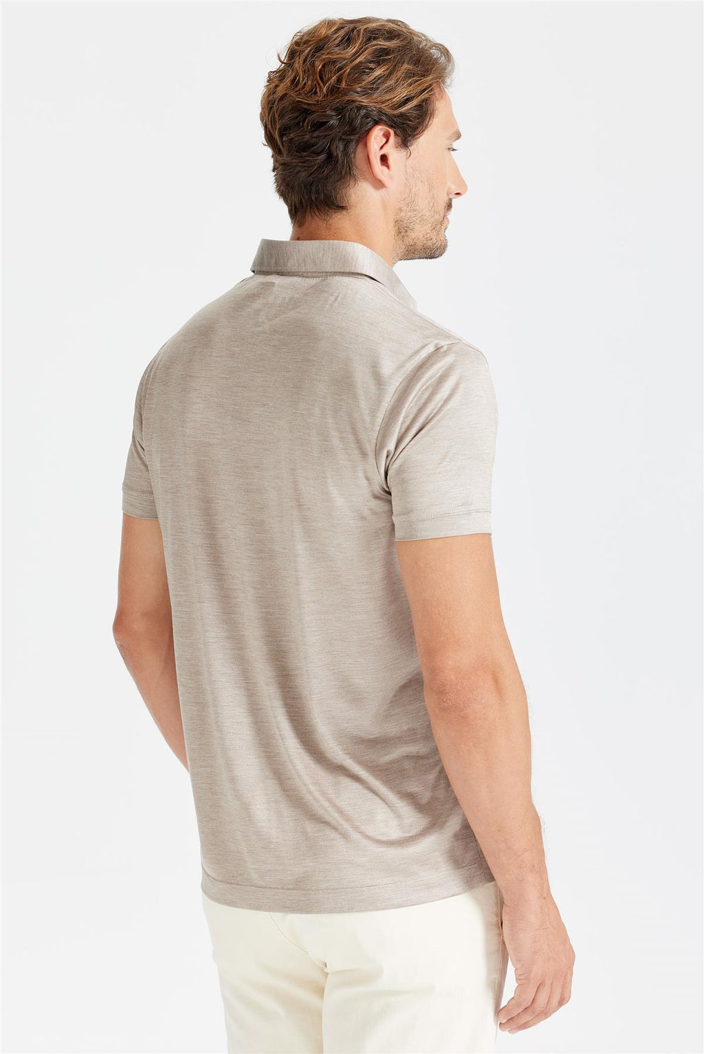 Bej Polo Yaka İpek T-Shirt - 6