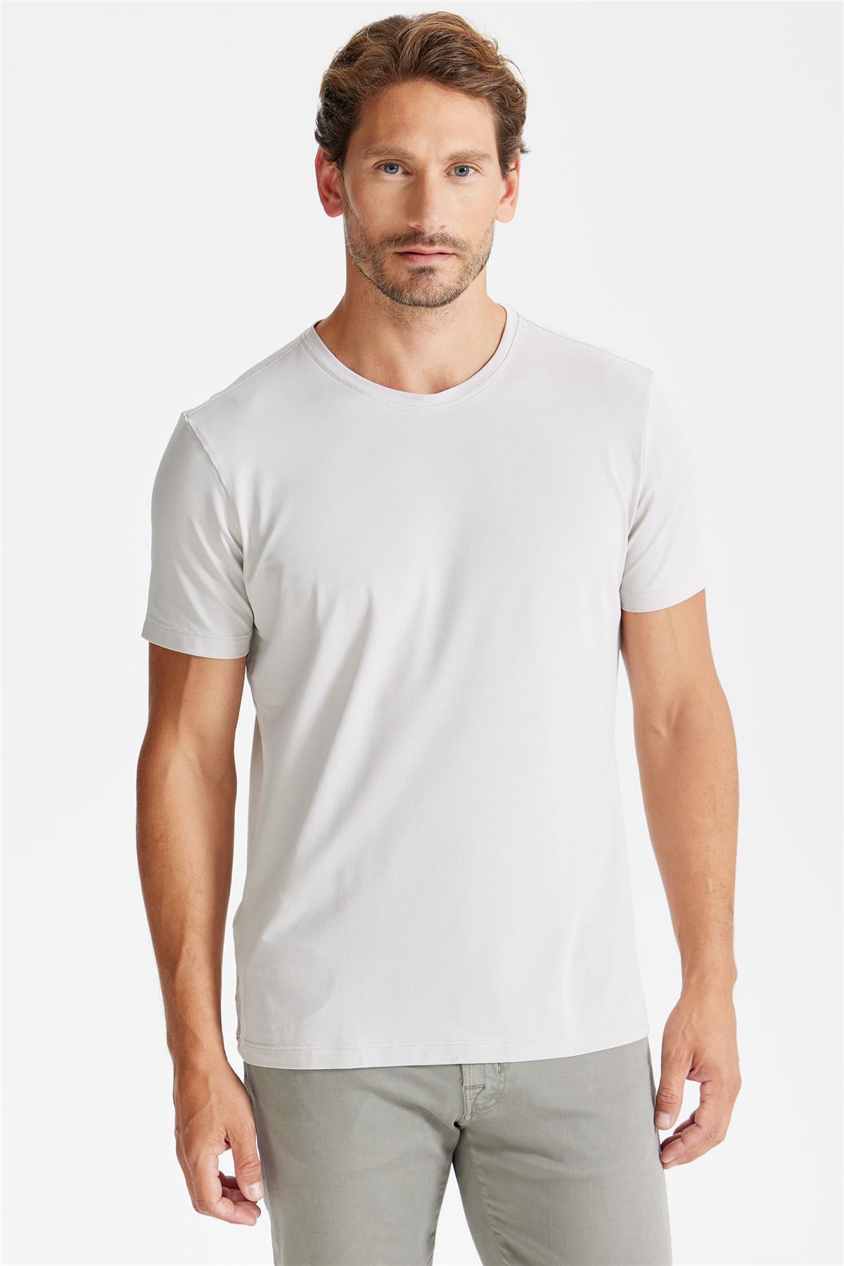 Bej Sıfır Yaka Oxford Teknik Kumaş T-Shirt