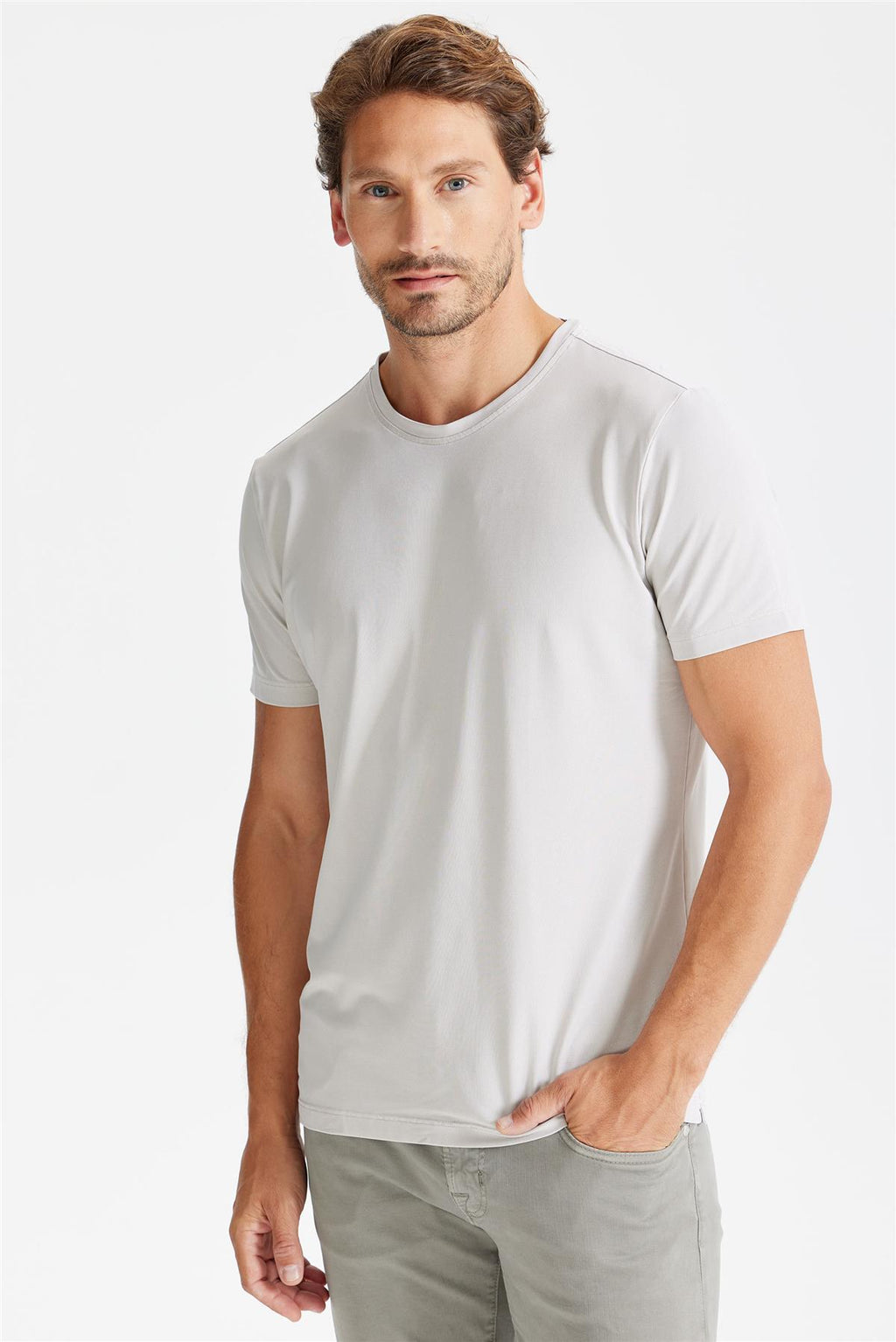 Bej Sıfır Yaka Oxford Teknik Kumaş T-Shirt - 3