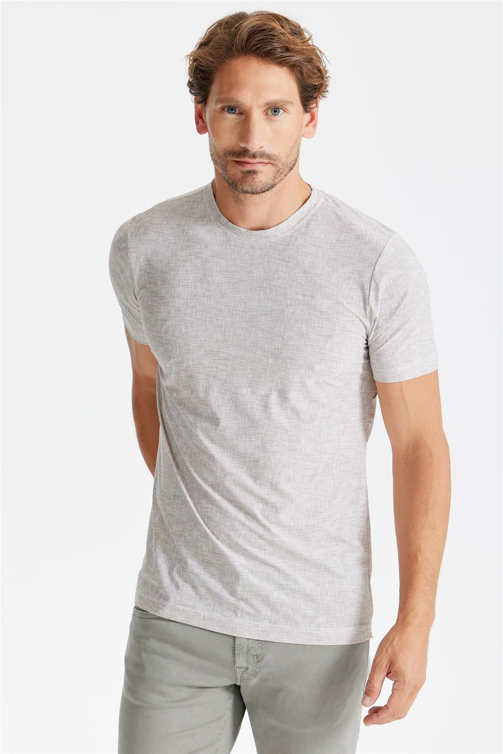 Bej Sıfır Yaka Teknik Kumaş T-Shirt - Image 2