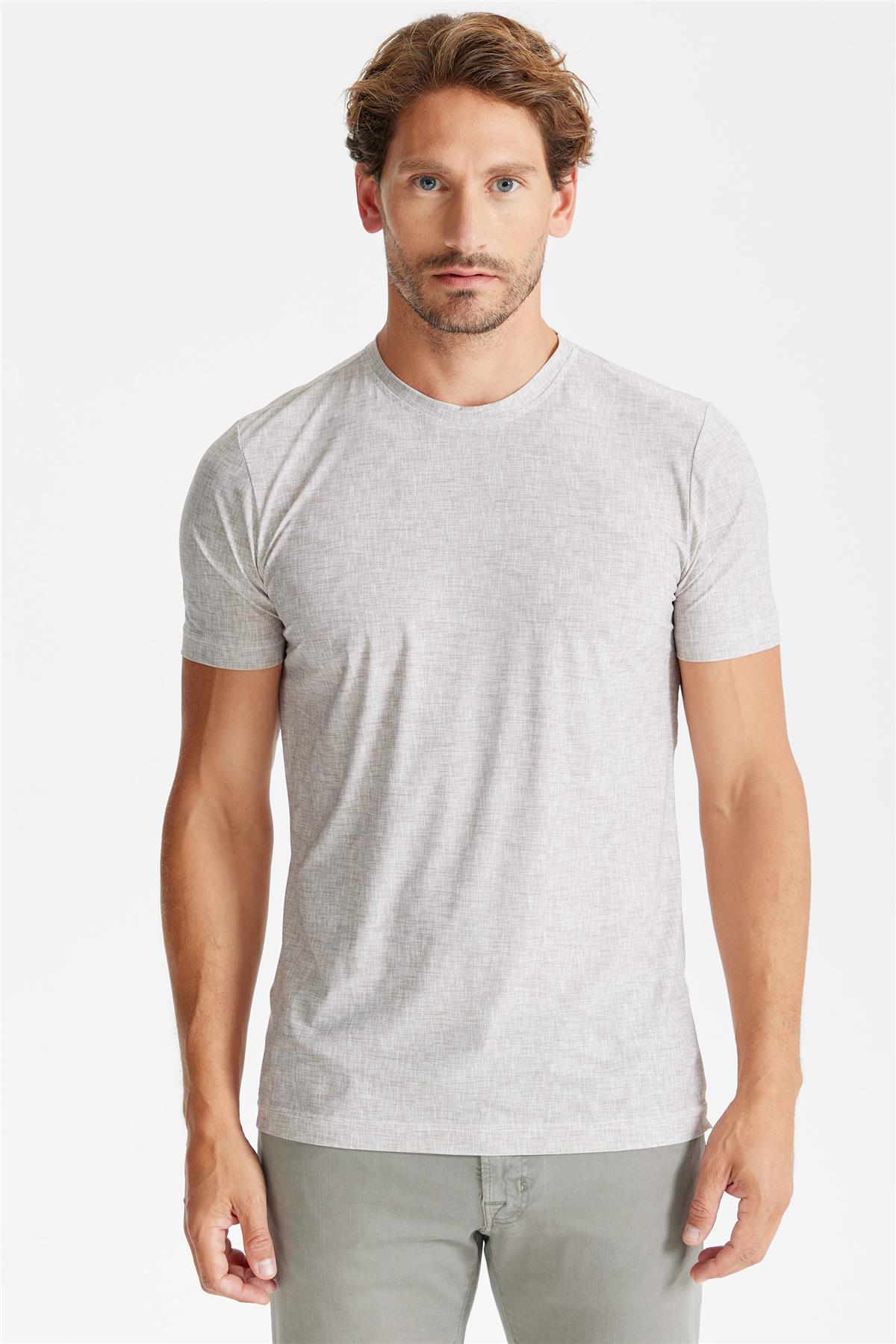 Bej Sıfır Yaka Teknik Kumaş T-Shirt