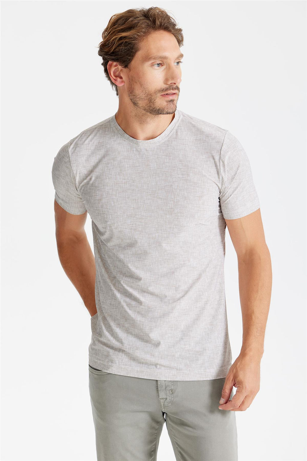 Bej Sıfır Yaka Teknik Kumaş T-Shirt - Image 3