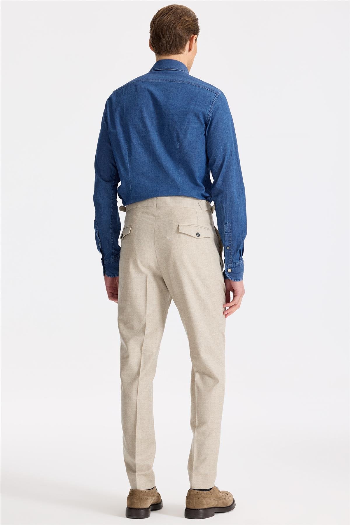 Bej Tokalı Yün Flanel Pantolon - Image 5