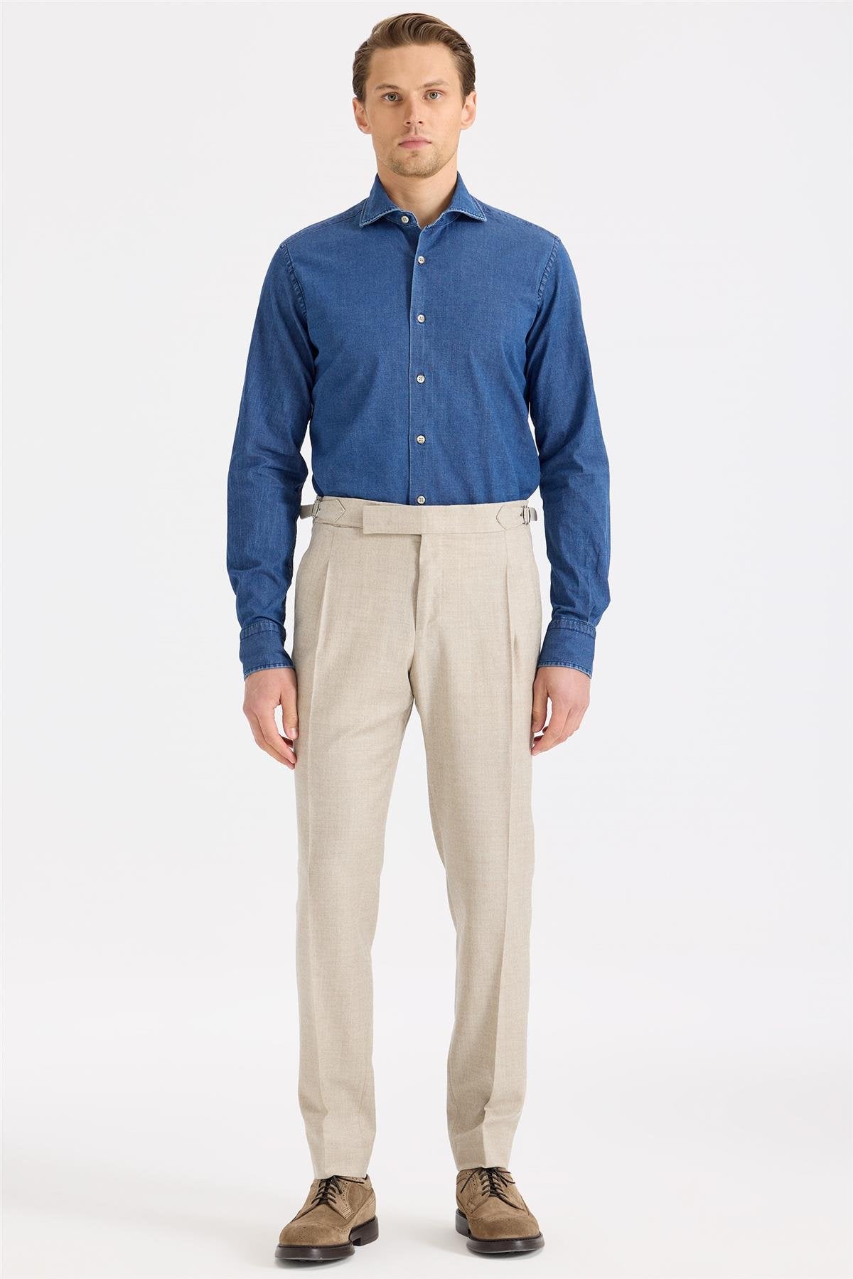 Bej Tokalı Yün Flanel Pantolon - Image 1