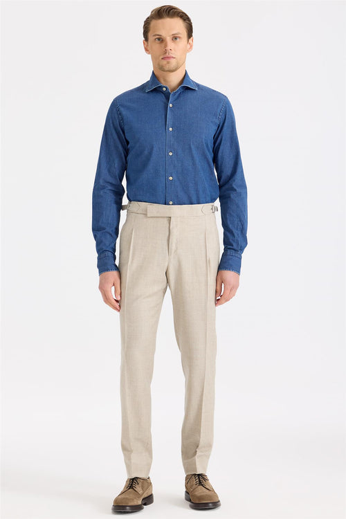 Bej Tokalı Yün Flanel Pantolon - 1