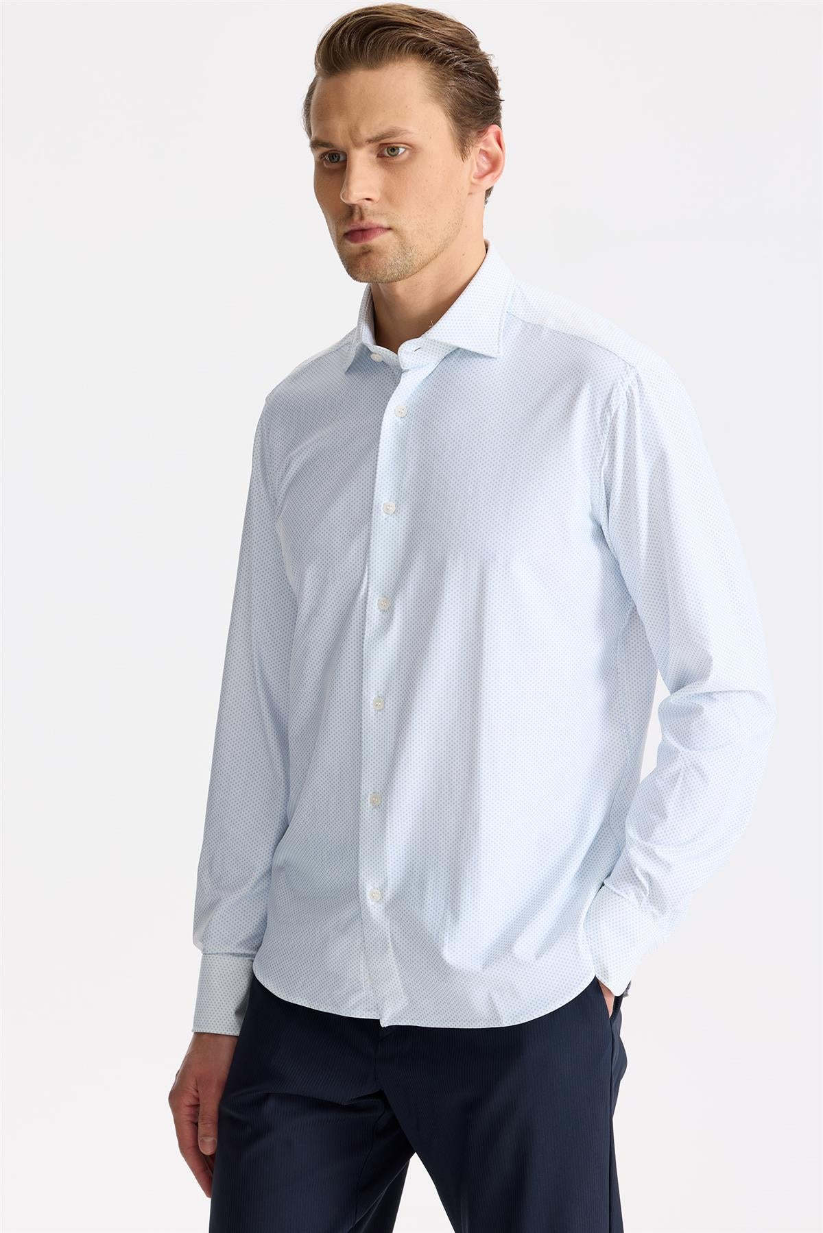 Beyaz Mavi Desenli Teknik Gömlek - Image 3