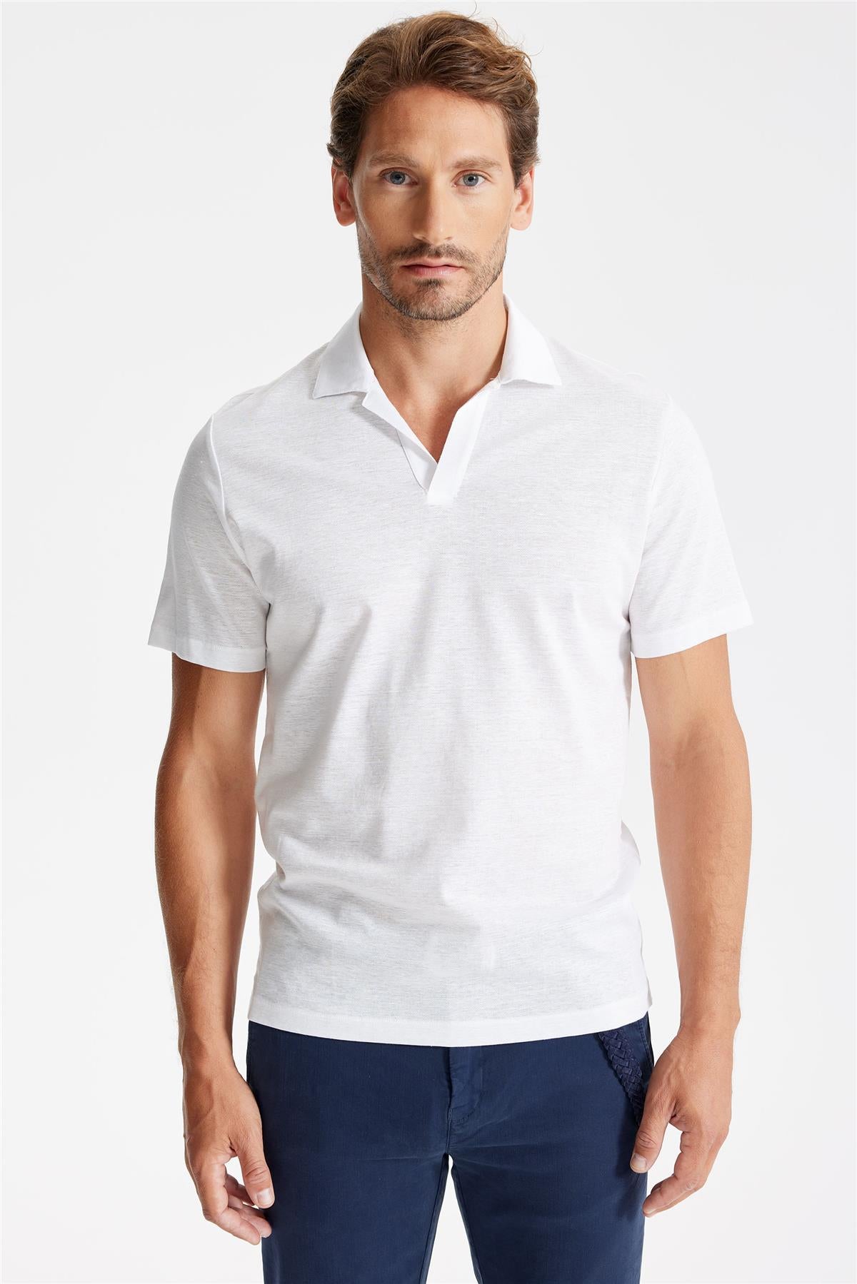 Beyaz Pamuk Keten Polo Yaka T-Shirt - 1